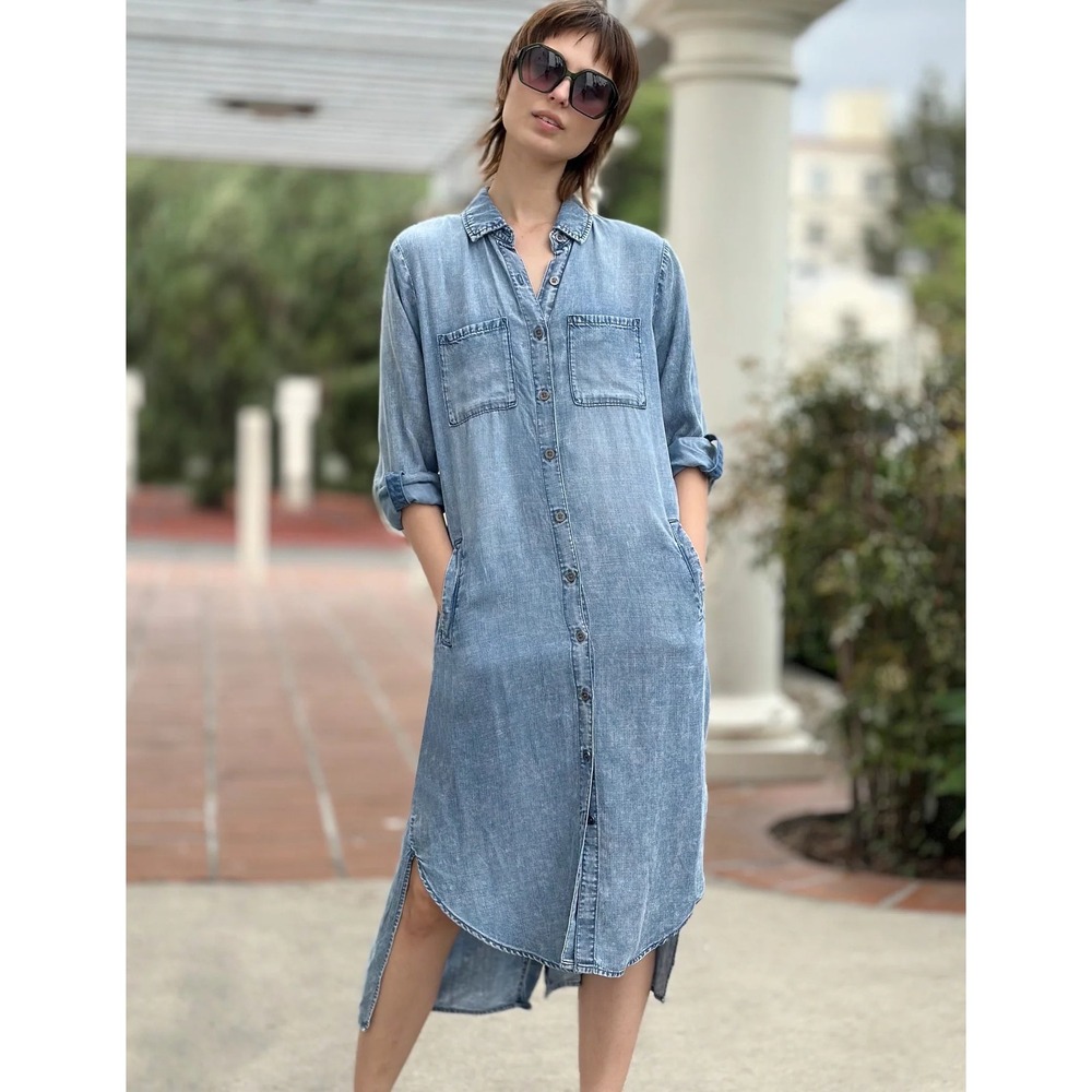 Velvet Heart Women Medium Blue Button Down Front Belted Chambray Shirt Dress